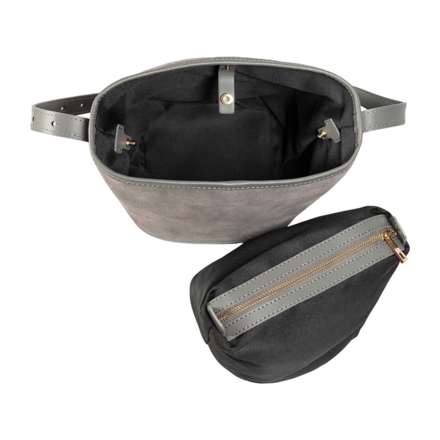 RB1031F | Borsa Donna a Secchiello BRENDA in Vera Pelle Made in Italy. Accessori in metallo Oro Lucido - Colore Grigio - Dimensioni: cm 25 x 23,5 x 17 - StepByStep