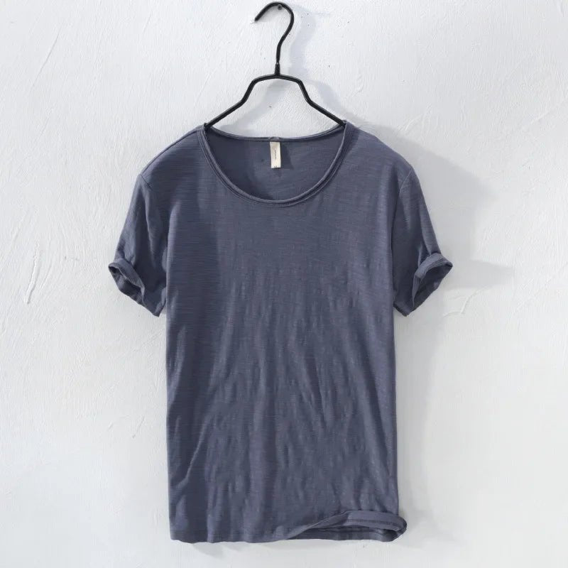 Retro Raw Edge T-Shirt for Men, 100% Cotton, Lightweight,Breathable,Slim - fit, Monochromatic, O - Neck, Casual Basic Top - StepByStepNow
