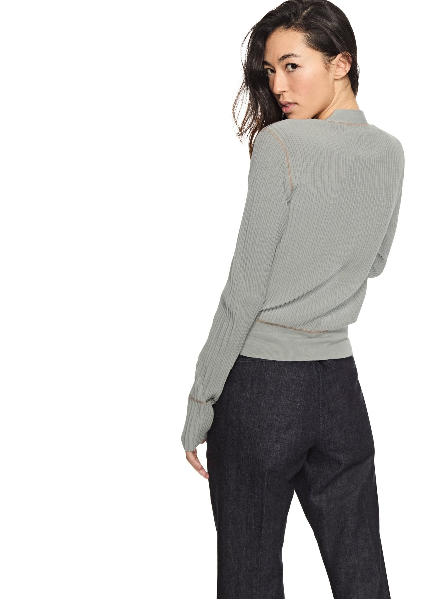 Ribbed Contrast - Stitch Cardigan Sweater (Misty Blue) - StepByStep