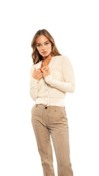 Ribbed Contrast - Stitch Cardigan Sweater (Straw) - StepByStep