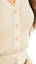 Ribbed Contrast - Stitch Cardigan Sweater (Straw) - StepByStep