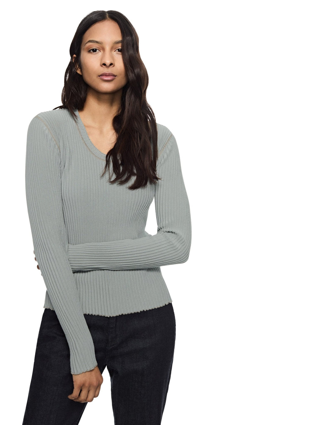 Ribbed Contrast - Stitch Crewneck Sweater (Misty Blue) - StepByStep