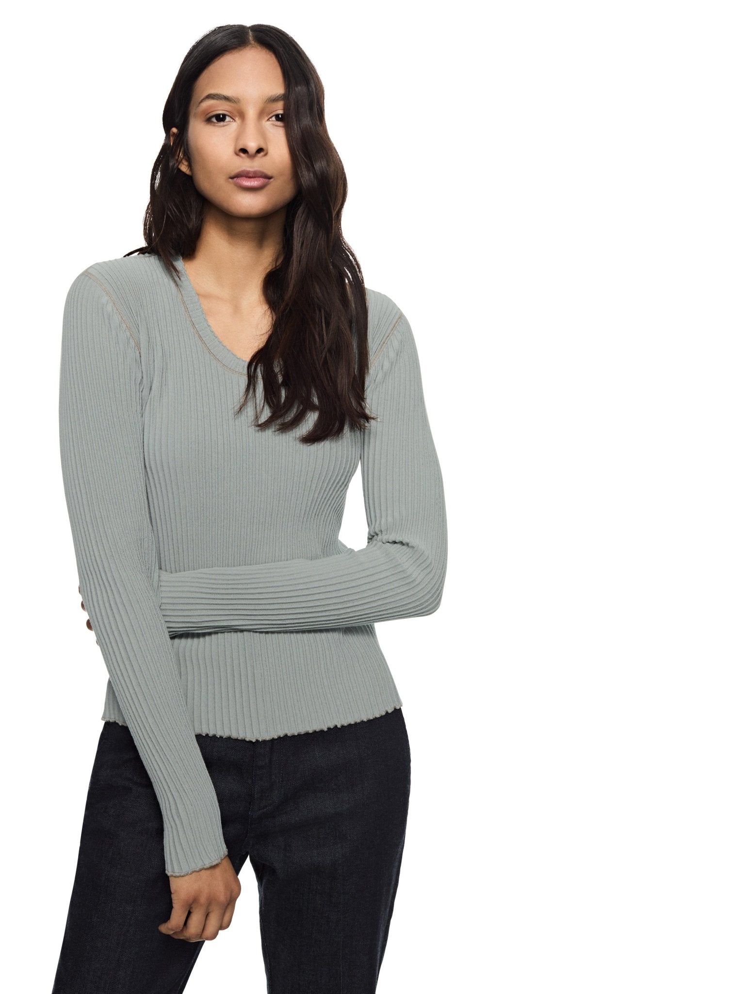 Ribbed Contrast - Stitch Crewneck Sweater (Misty Blue) - StepByStep