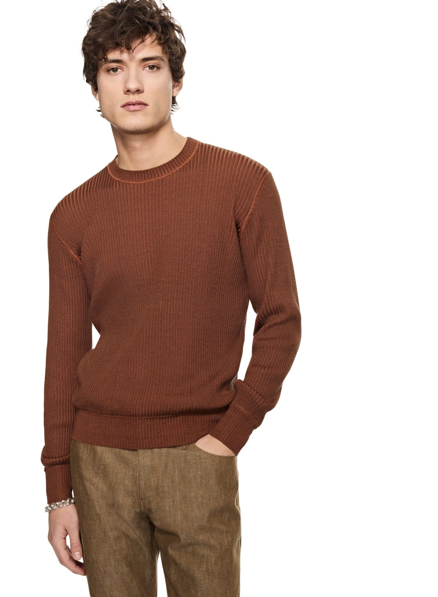 Ribbed Poor Boy Crewneck Sweater (Sepia Brown) - StepByStep