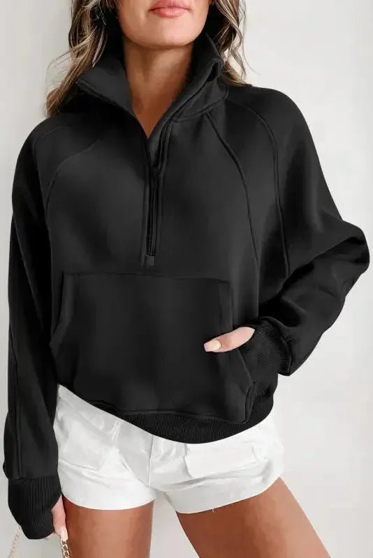 Ribbed Zip - Up Sweatshirt – Stand Collar & Thumbhole Sleeves - StepByStep