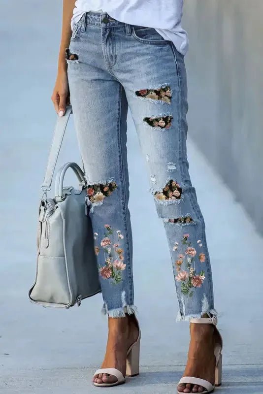 Ripped Skinny Jeans - Sky Blue Printed Patch - StepByStep