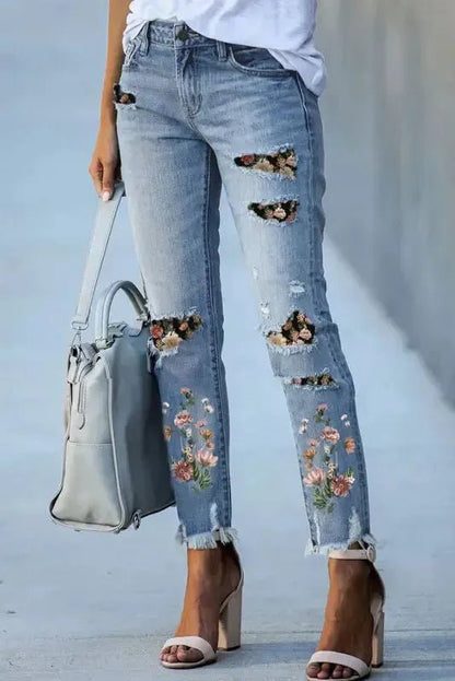 Ripped Skinny Jeans - Sky Blue Printed Patch - StepByStep