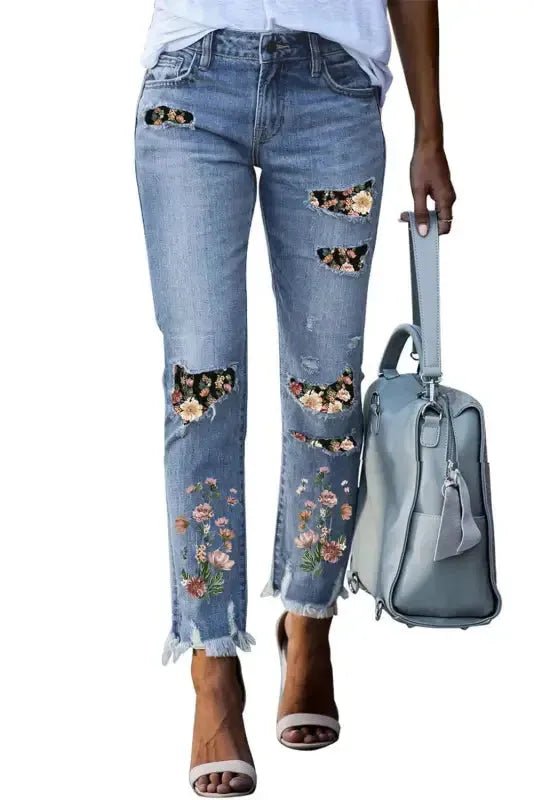 Ripped Skinny Jeans - Sky Blue Printed Patch - StepByStep