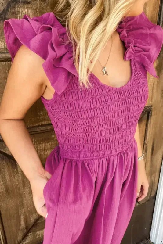 Rose Red Ruffled Straps Smocked Maxi Dress - StepByStep