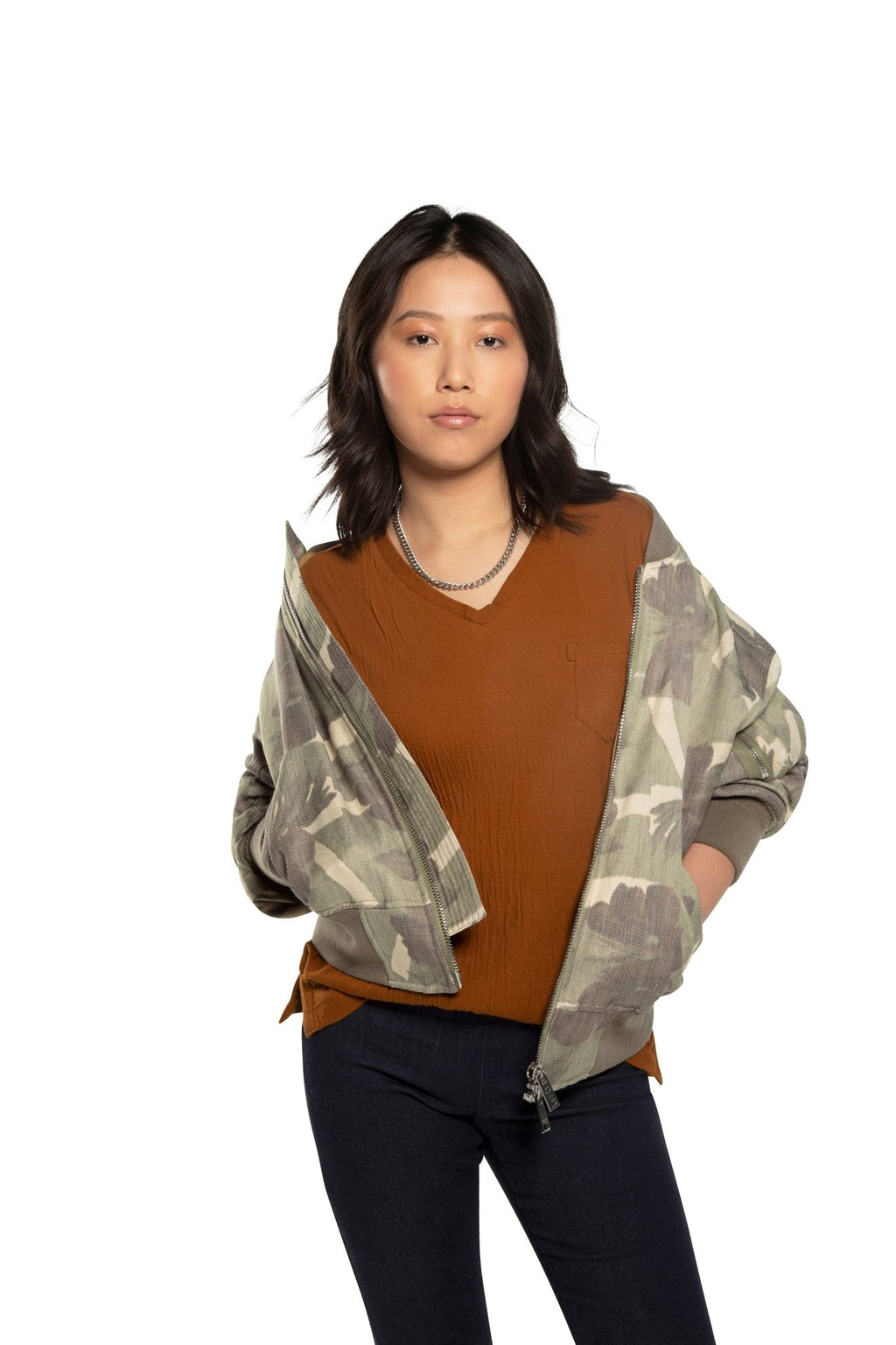 Ruched - Sleeve Floral Camo Blouson Jacket - StepByStep