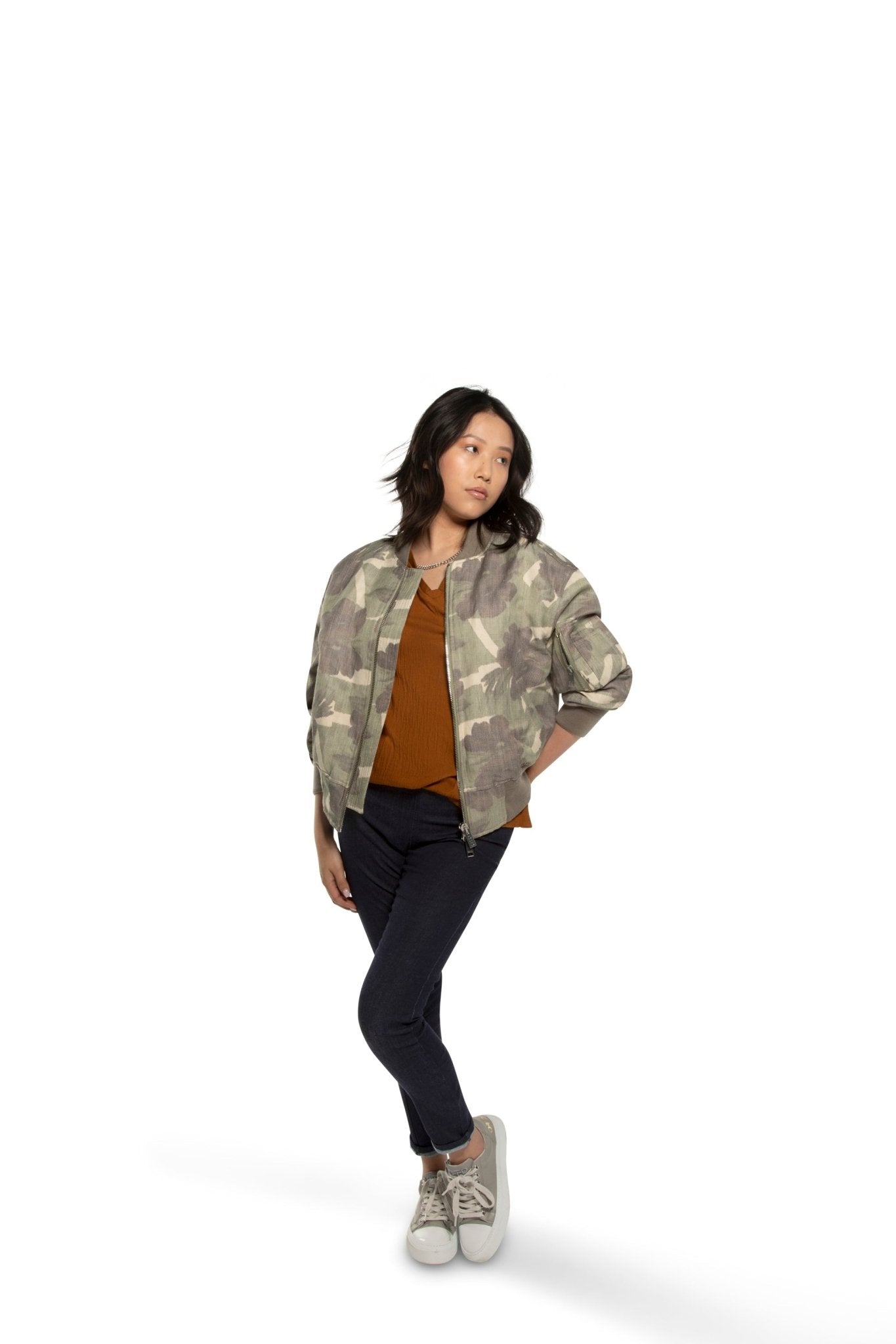 Ruched - Sleeve Floral Camo Blouson Jacket - StepByStep