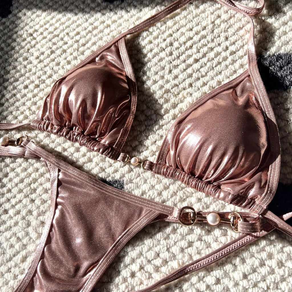 Shiny Pink Micro Bikini 2026 Mujer Women Sexy PU Pearls Push Up Thong Swimsuit Summer Bathing Suit Bandage Holiday Swimwear - StepByStepNow