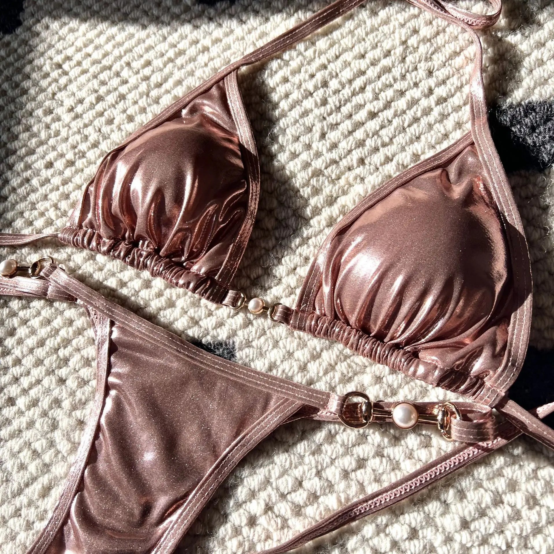 Shiny Pink Micro Bikini 2026 Mujer Women Sexy PU Pearls Push Up Thong Swimsuit Summer Bathing Suit Bandage Holiday Swimwear - StepByStepNow