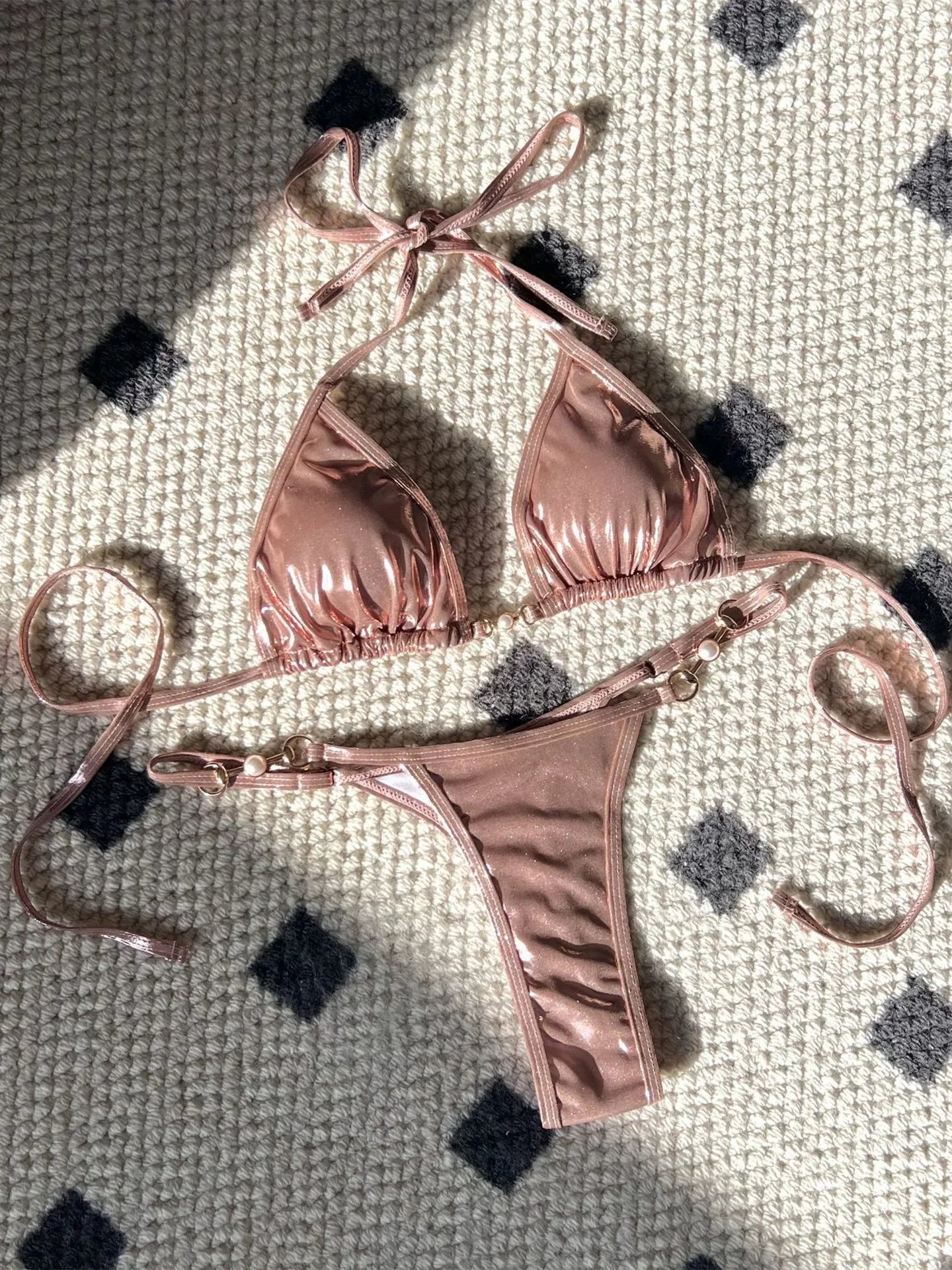 Shiny Pink Micro Bikini 2026 Mujer Women Sexy PU Pearls Push Up Thong Swimsuit Summer Bathing Suit Bandage Holiday Swimwear - StepByStepNow