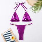 Shiny Pink Micro Bikini 2026 Mujer Women Sexy PU Pearls Push Up Thong Swimsuit Summer Bathing Suit Bandage Holiday Swimwear - StepByStepNow