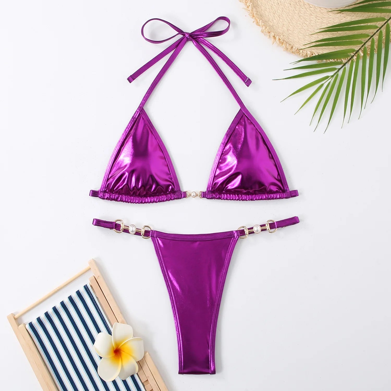 Shiny Pink Micro Bikini 2026 Mujer Women Sexy PU Pearls Push Up Thong Swimsuit Summer Bathing Suit Bandage Holiday Swimwear - StepByStepNow