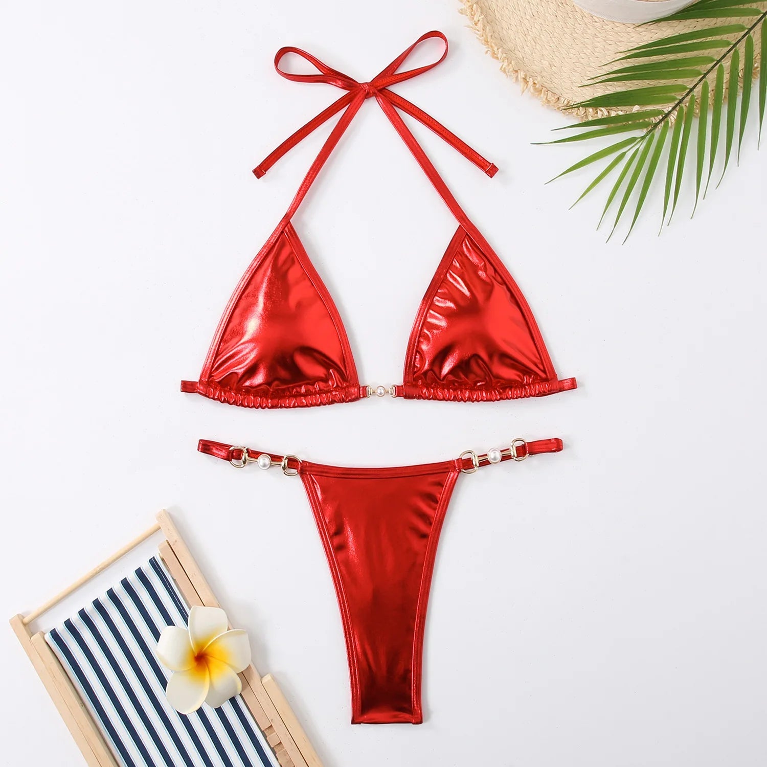 Shiny Pink Micro Bikini 2026 Mujer Women Sexy PU Pearls Push Up Thong Swimsuit Summer Bathing Suit Bandage Holiday Swimwear - StepByStepNow
