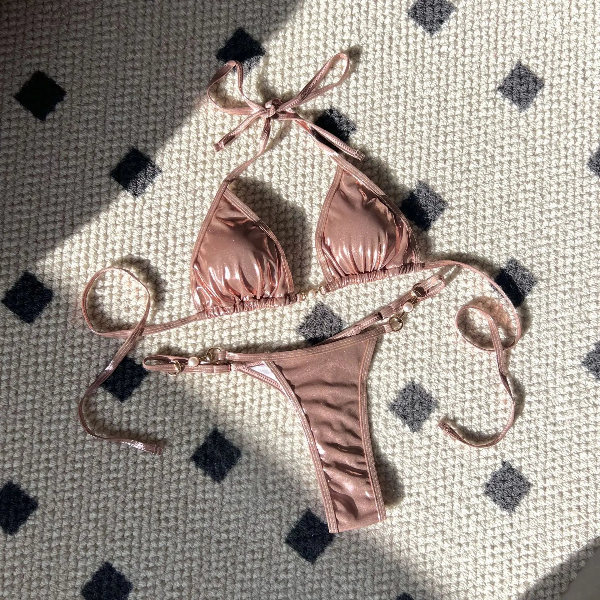 Shiny Pink Micro Bikini 2026 Mujer Women Sexy PU Pearls Push Up Thong Swimsuit Summer Bathing Suit Bandage Holiday Swimwear - StepByStepNow