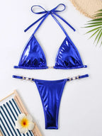 Shiny Pink Micro Bikini 2026 Mujer Women Sexy PU Pearls Push Up Thong Swimsuit Summer Bathing Suit Bandage Holiday Swimwear - StepByStepNow