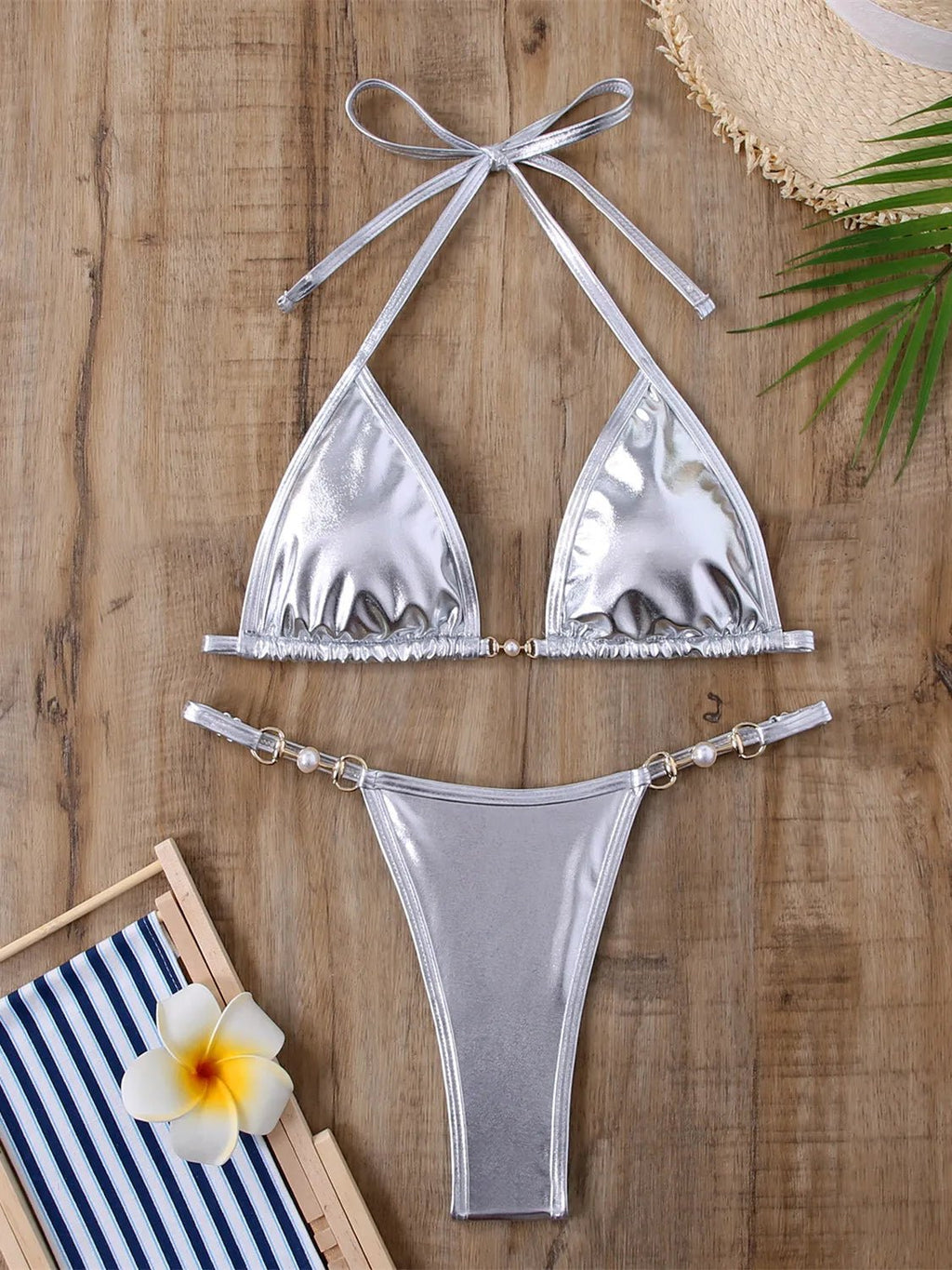 Shiny Pink Micro Bikini 2026 Mujer Women Sexy PU Pearls Push Up Thong Swimsuit Summer Bathing Suit Bandage Holiday Swimwear - StepByStepNow