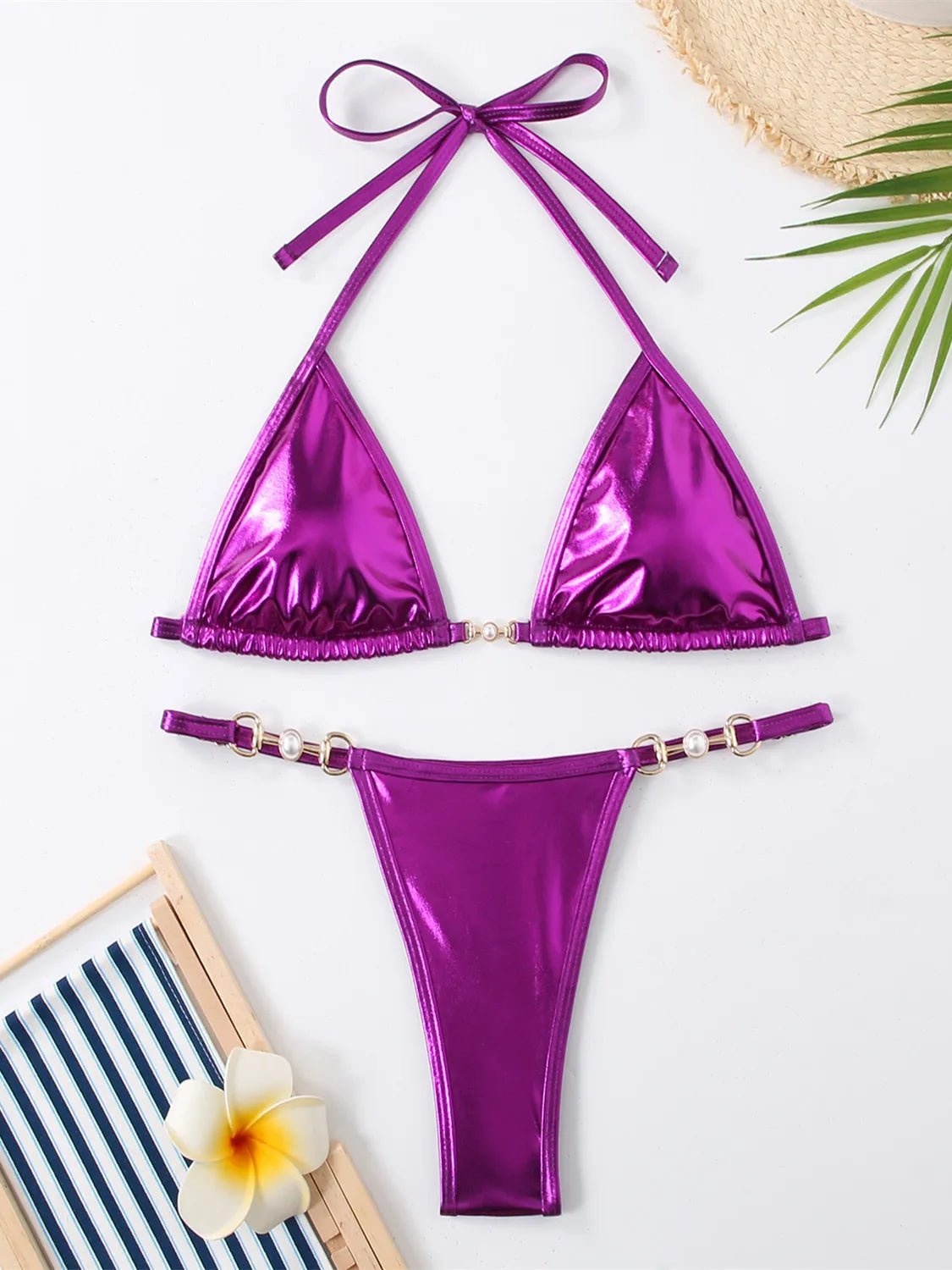 Shiny Pink Micro Bikini 2026 Mujer Women Sexy PU Pearls Push Up Thong Swimsuit Summer Bathing Suit Bandage Holiday Swimwear - StepByStepNow