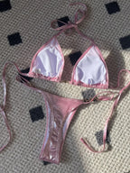 Shiny Pink Micro Bikini 2026 Mujer Women Sexy PU Pearls Push Up Thong Swimsuit Summer Bathing Suit Bandage Holiday Swimwear - StepByStepNow