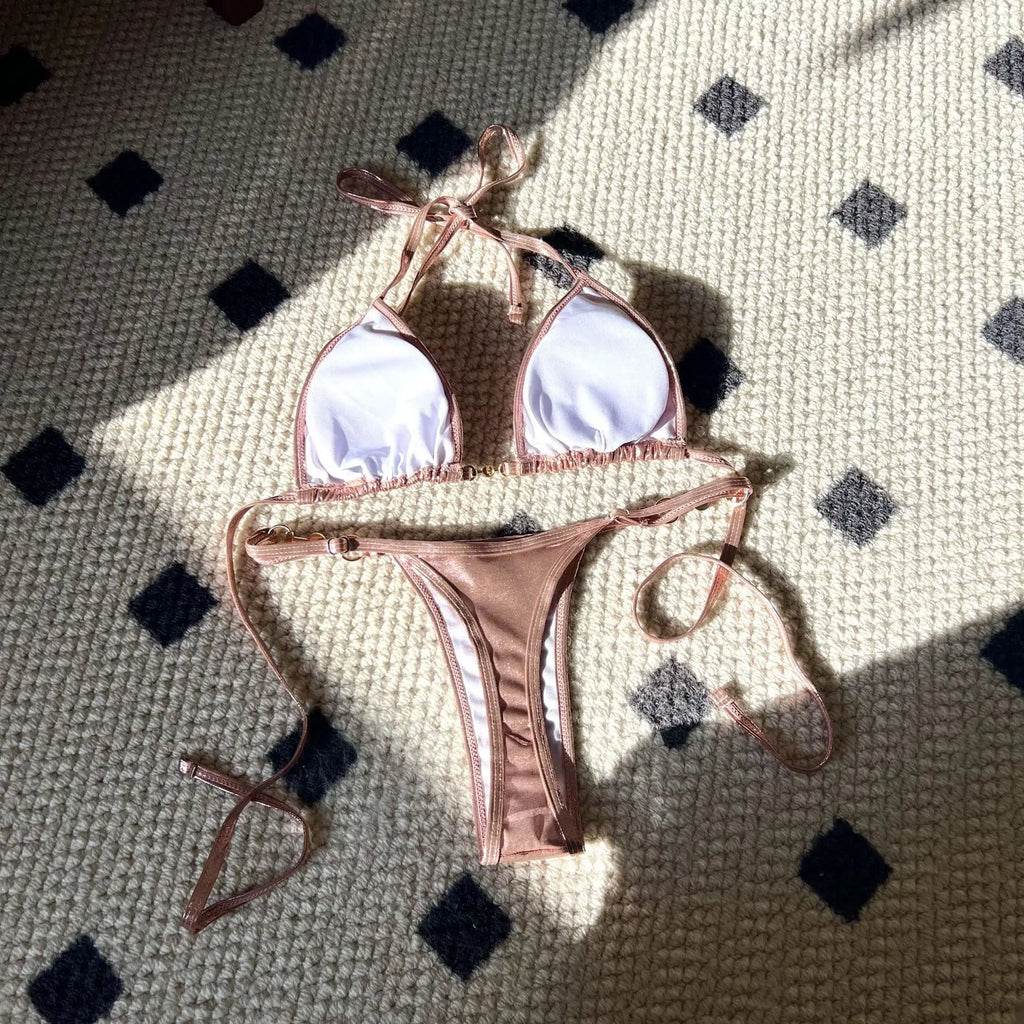 Shiny Pink Micro Bikini 2026 Mujer Women Sexy PU Pearls Push Up Thong Swimsuit Summer Bathing Suit Bandage Holiday Swimwear - StepByStepNow