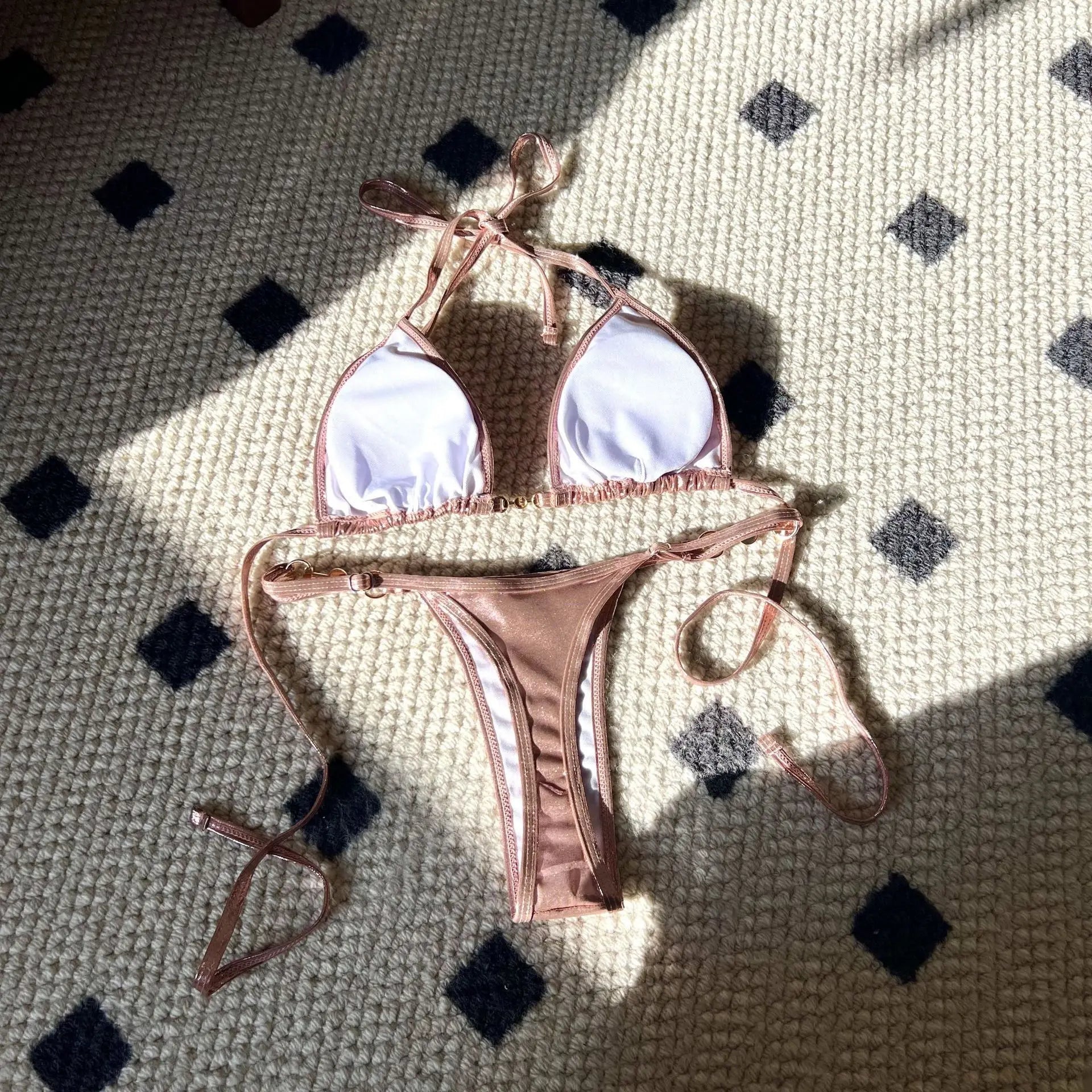 Shiny Pink Micro Bikini 2026 Mujer Women Sexy PU Pearls Push Up Thong Swimsuit Summer Bathing Suit Bandage Holiday Swimwear - StepByStepNow