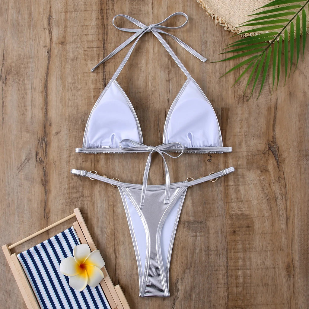 Shiny Pink Micro Bikini 2026 Mujer Women Sexy PU Pearls Push Up Thong Swimsuit Summer Bathing Suit Bandage Holiday Swimwear - StepByStepNow