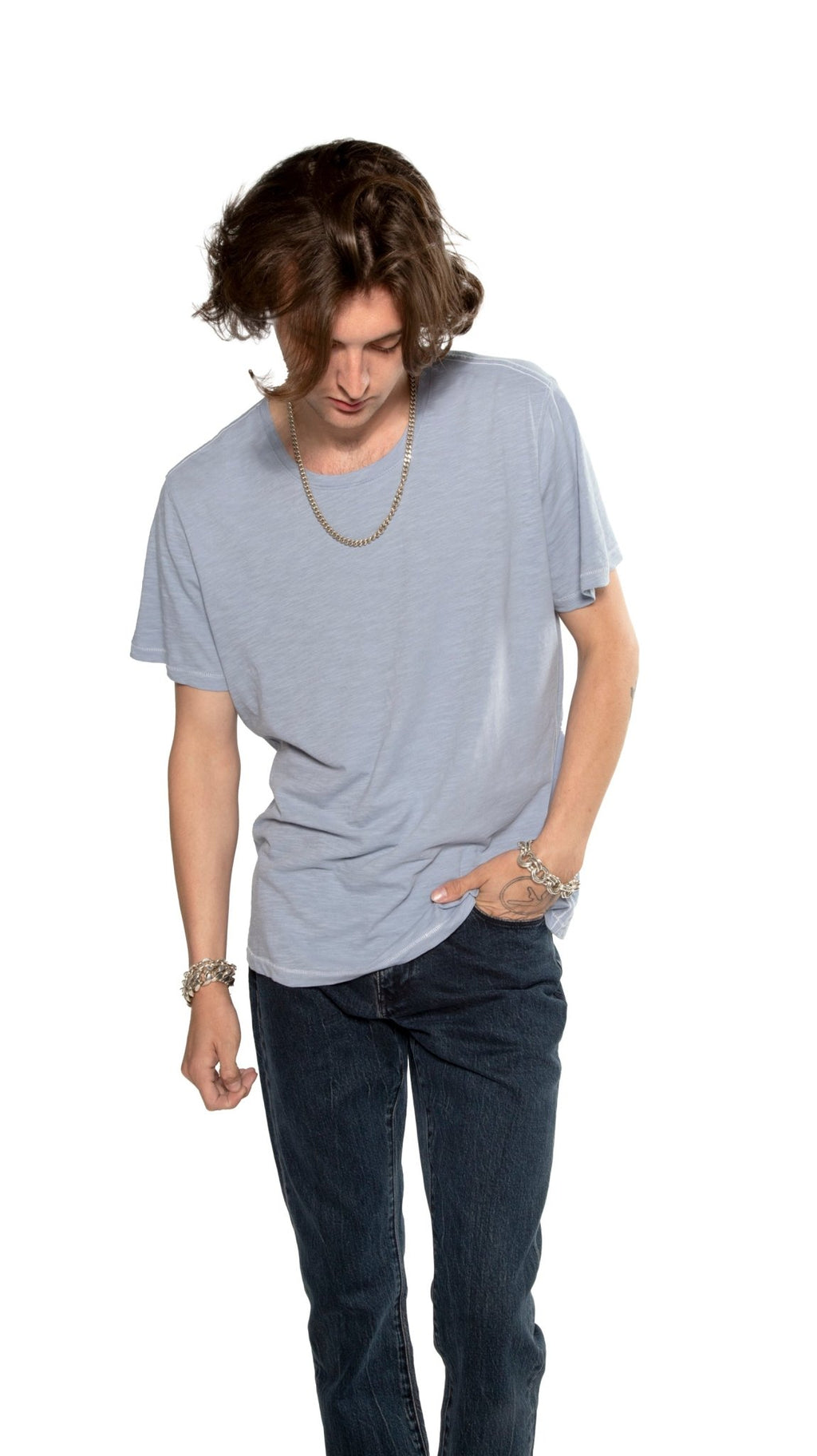 Short Sleeve Crewneck Knit Tee (Powder Blue) - StepByStep
