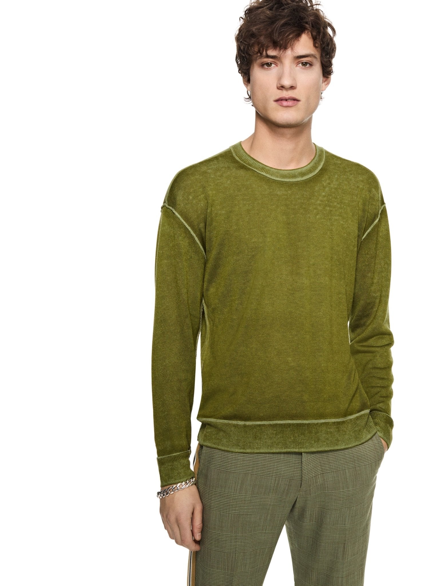 Silk and Cashmere Reverse Print Crewneck Sweater (Chartreuse) - StepByStep