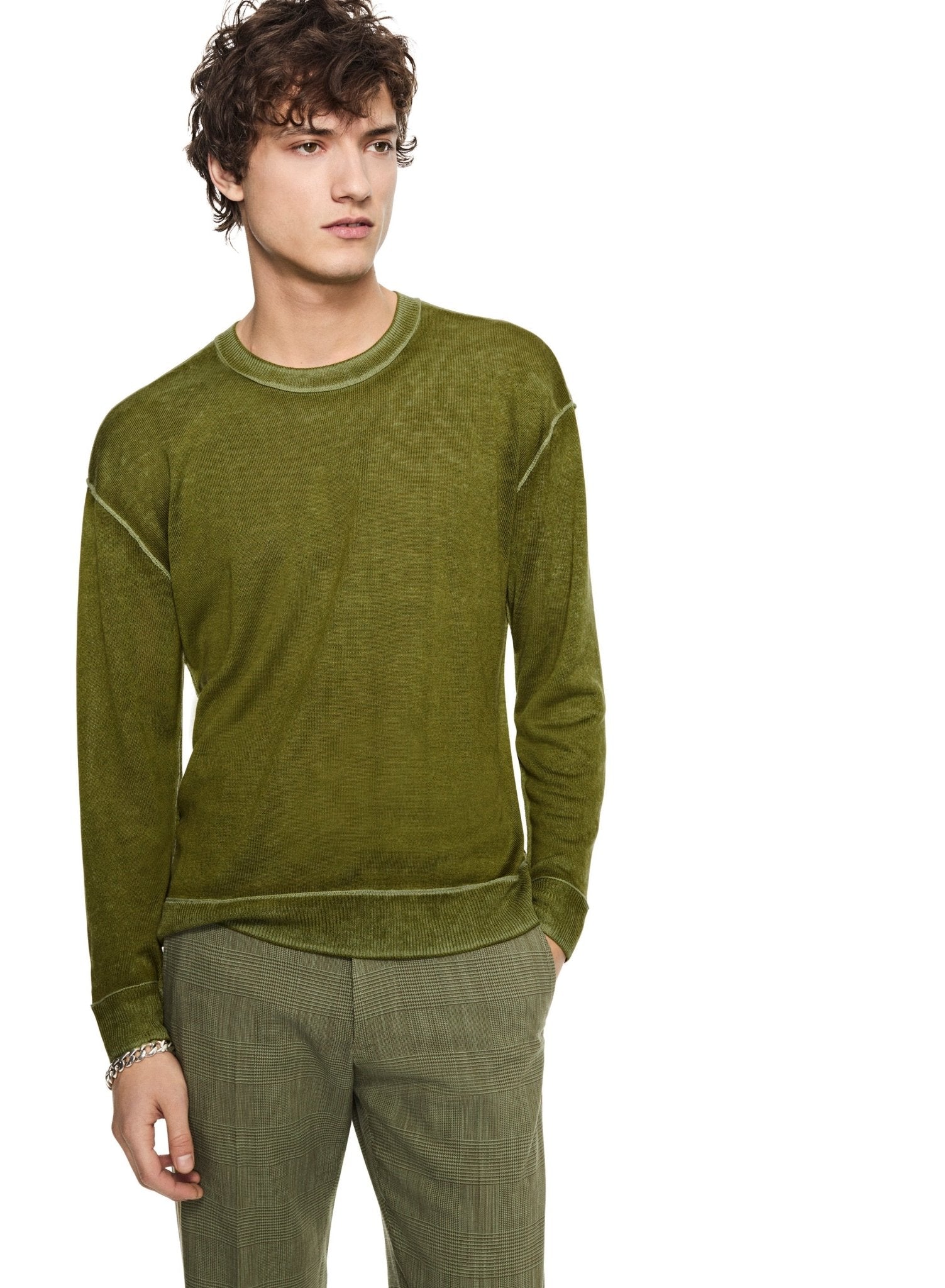 Silk and Cashmere Reverse Print Crewneck Sweater (Chartreuse) - StepByStep