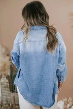 Sky Blue Plus Size Chest Pocket Button - Up Denim Shacket - StepByStep