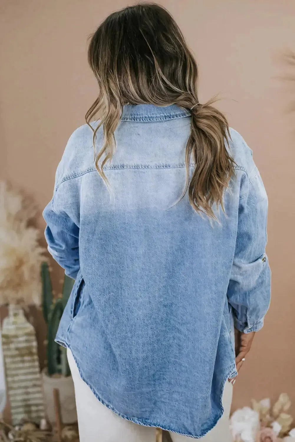 Sky Blue Plus Size Chest Pocket Button - Up Denim Shacket - StepByStep