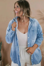 Sky Blue Plus Size Chest Pocket Button - Up Denim Shacket - StepByStep