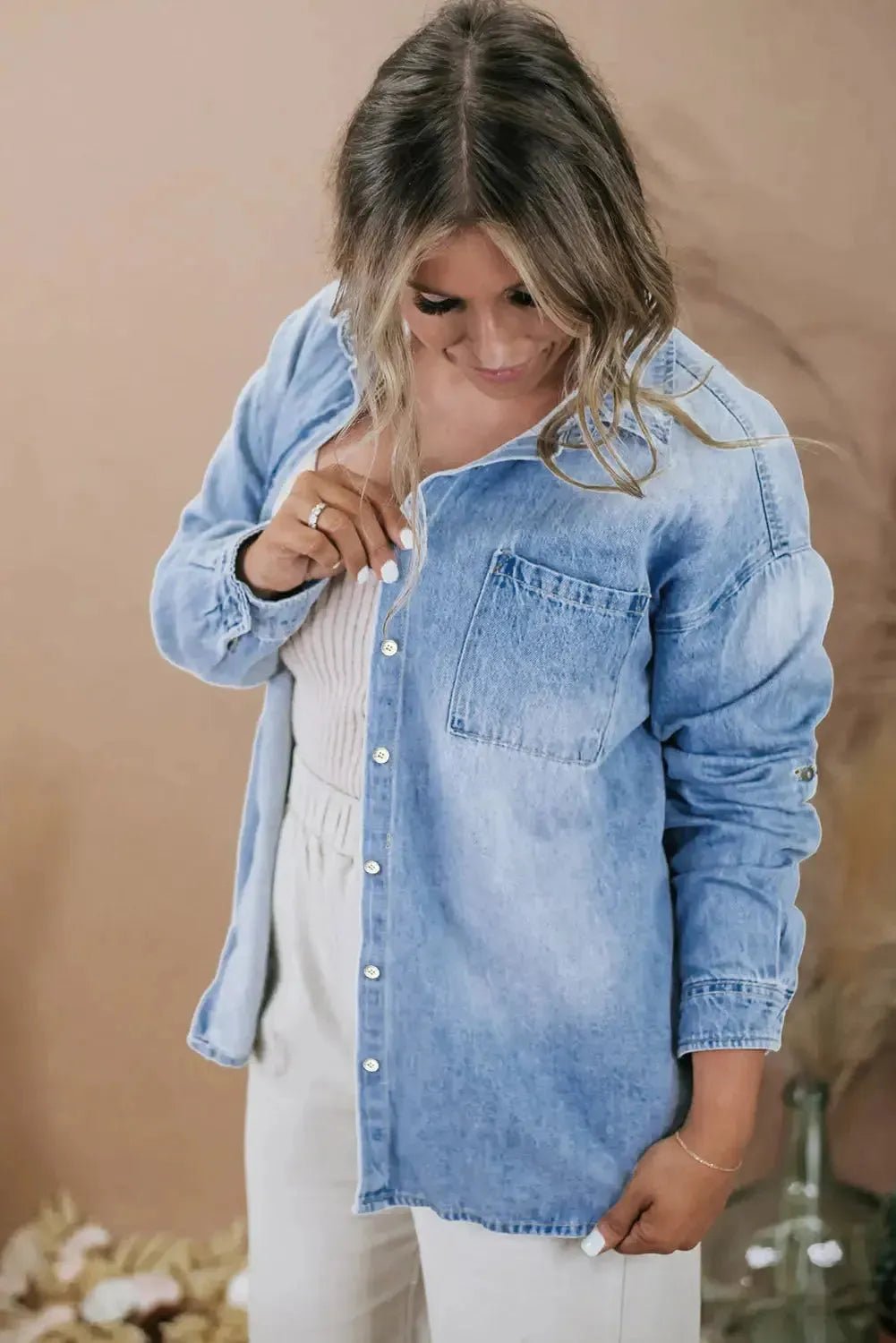 Sky Blue Plus Size Chest Pocket Button - Up Denim Shacket - StepByStep