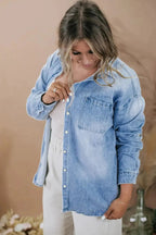 Sky Blue Plus Size Chest Pocket Button - Up Denim Shacket - StepByStep
