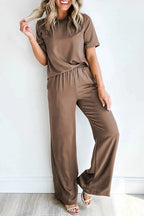 Smoke Gray Solid Color T Shirt 2pcs Wide Leg Pants Set - StepByStep