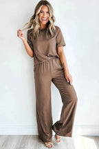 Smoke Gray Solid Color T Shirt 2pcs Wide Leg Pants Set - StepByStep
