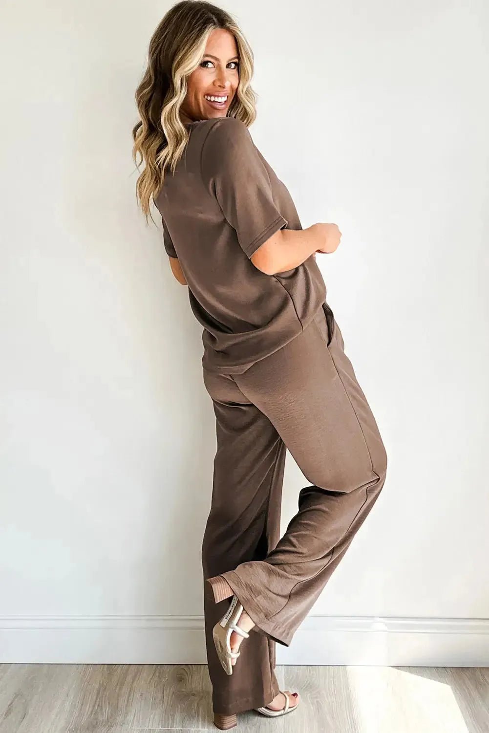 Smoke Gray Solid Color T Shirt 2pcs Wide Leg Pants Set - StepByStep