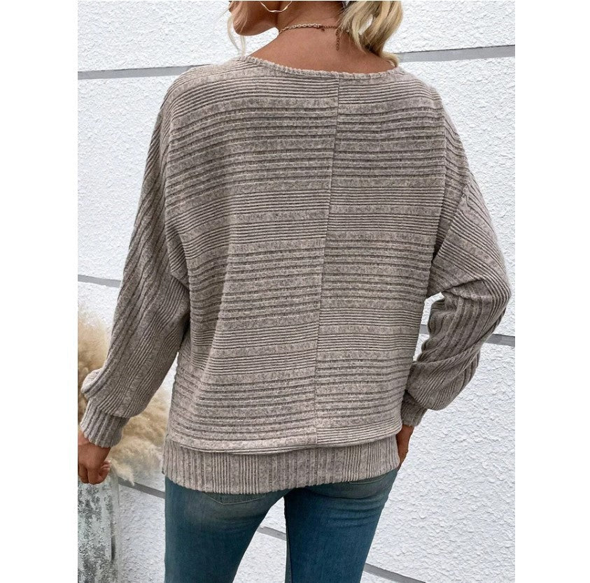 Solid Striped Batwing Sleeves T-shirt Fashion Casual Pullover Round Neck Long Sleeve Top Spring And Autumn Women's Clothing - StepByStepNow