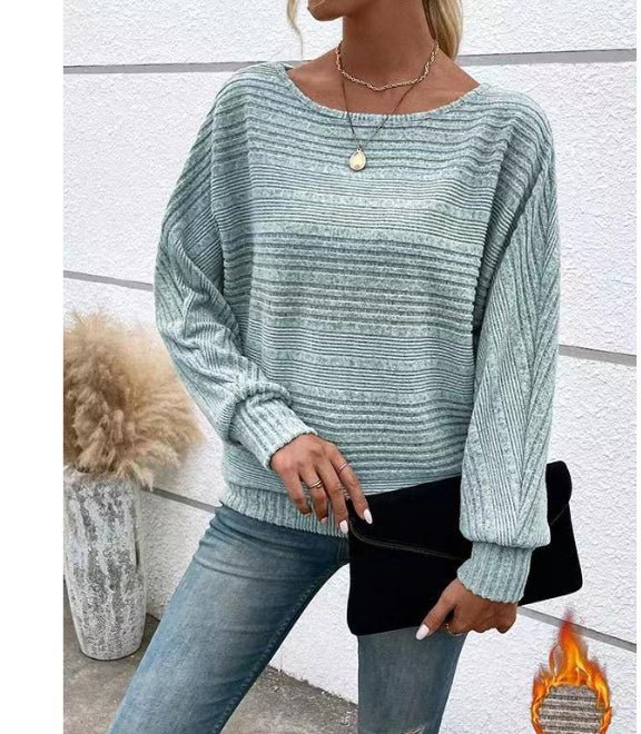 Solid Striped Batwing Sleeves T-shirt Fashion Casual Pullover Round Neck Long Sleeve Top Spring And Autumn Women's Clothing - StepByStepNow