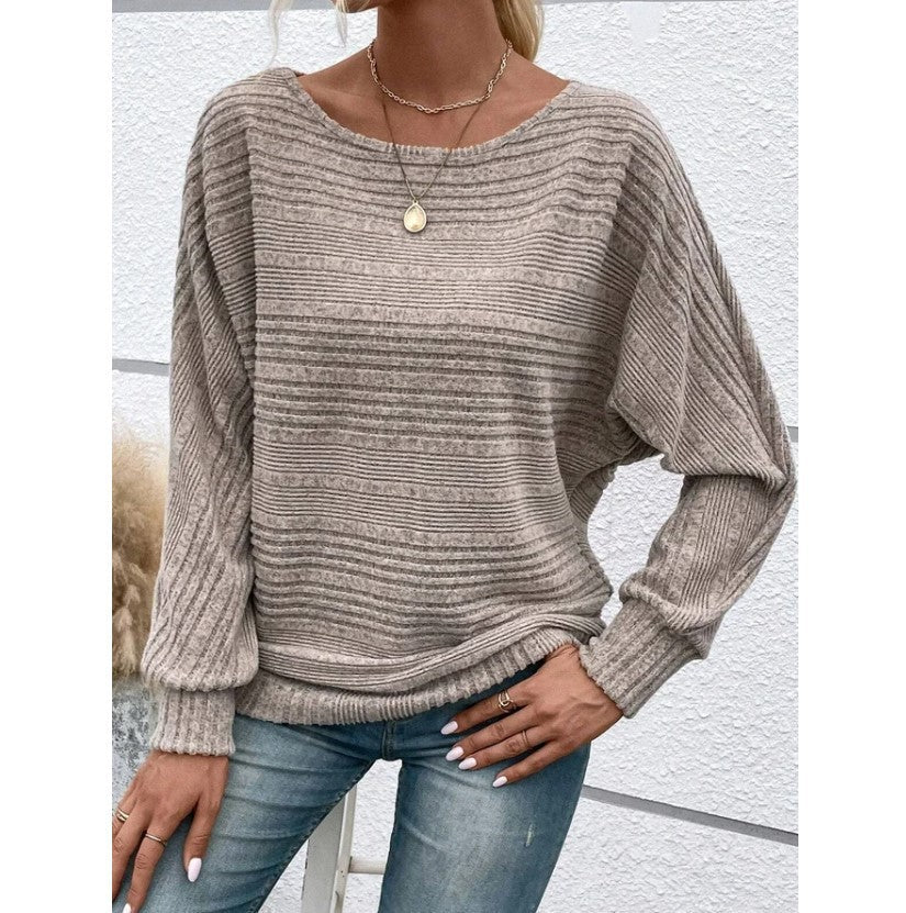 Solid Striped Batwing Sleeves T-shirt Fashion Casual Pullover Round Neck Long Sleeve Top Spring And Autumn Women's Clothing - StepByStepNow