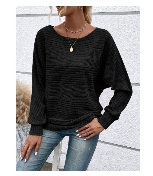 Solid Striped Batwing Sleeves T-shirt Fashion Casual Pullover Round Neck Long Sleeve Top Spring And Autumn Women's Clothing - StepByStepNow