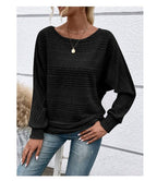 Solid Striped Batwing Sleeves T-shirt Fashion Casual Pullover Round Neck Long Sleeve Top Spring And Autumn Women's Clothing - StepByStepNow