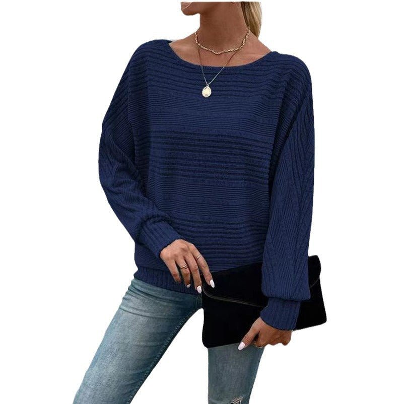 Solid Striped Batwing Sleeves T-shirt Fashion Casual Pullover Round Neck Long Sleeve Top Spring And Autumn Women's Clothing - StepByStepNow