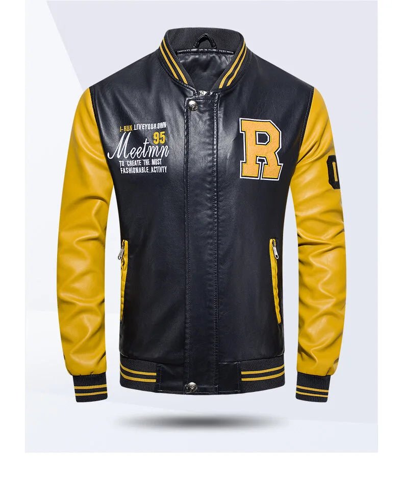 Spring and Autumn Men's Motorcycle Suit Leather jacket Color blocking American baseball collar pilot casual PU leather jacket - StepByStep