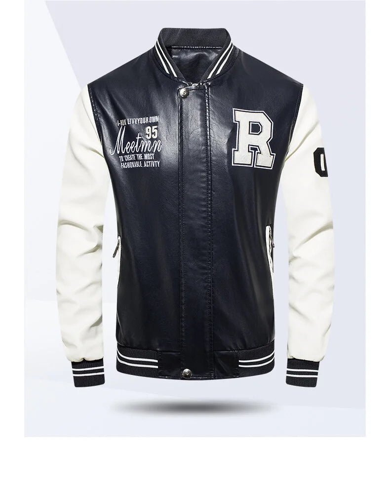 Spring and Autumn Men's Motorcycle Suit Leather jacket Color blocking American baseball collar pilot casual PU leather jacket - StepByStep
