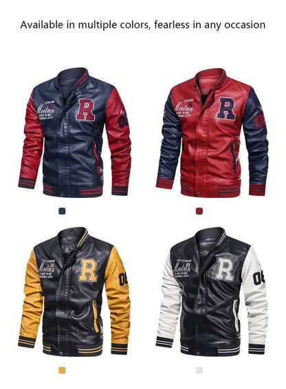 Spring and Autumn Men's Motorcycle Suit Leather jacket Color blocking American baseball collar pilot casual PU leather jacket - StepByStep