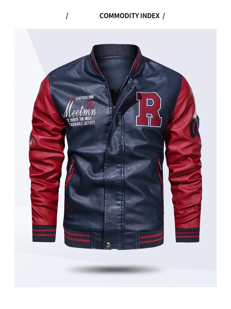 Spring and Autumn Men's Motorcycle Suit Leather jacket Color blocking American baseball collar pilot casual PU leather jacket - StepByStep